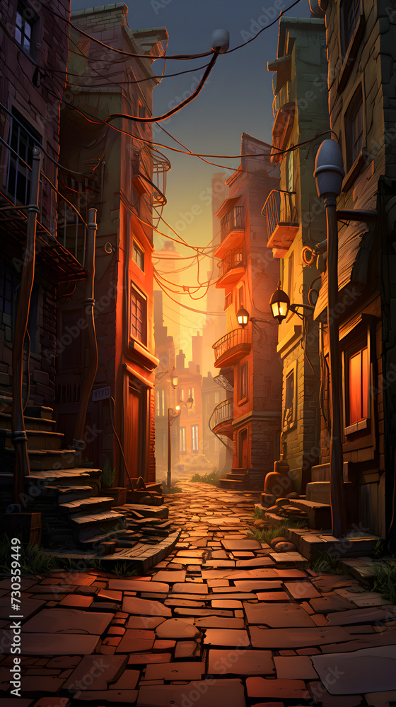 Fototapeta premium Cool illustrated side street, side street, beautiful illustrated street