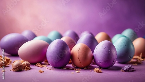colorful purple eggs with a pastell backround