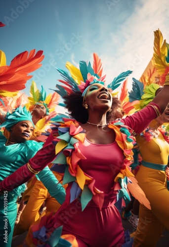 Beautiful Brazilian woman, dressed in carnival clothes, dancing. Brazilian wearing Samba Costume, beautiful samba dancer performing at Carnival. Portrait. Happy smile woman