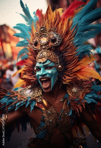 Beautiful Brazilian woman, dressed in carnival clothes, dancing. Brazilian wearing Samba Costume, beautiful samba dancer performing at Carnival. Portrait. Happy smile woman