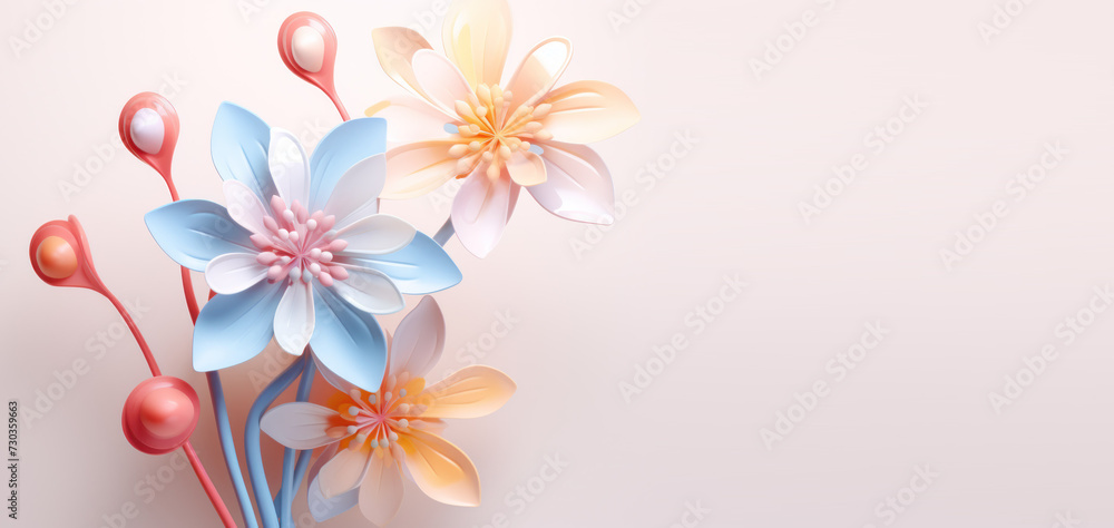 Obraz premium Happy women's day. Mother's day. 8 march. Flowers on stem with leaves, Blossom floral bouquet. Flowers in plastic 3d. spring flowers. Flower made from plastic bottles recyclable garbage concept.