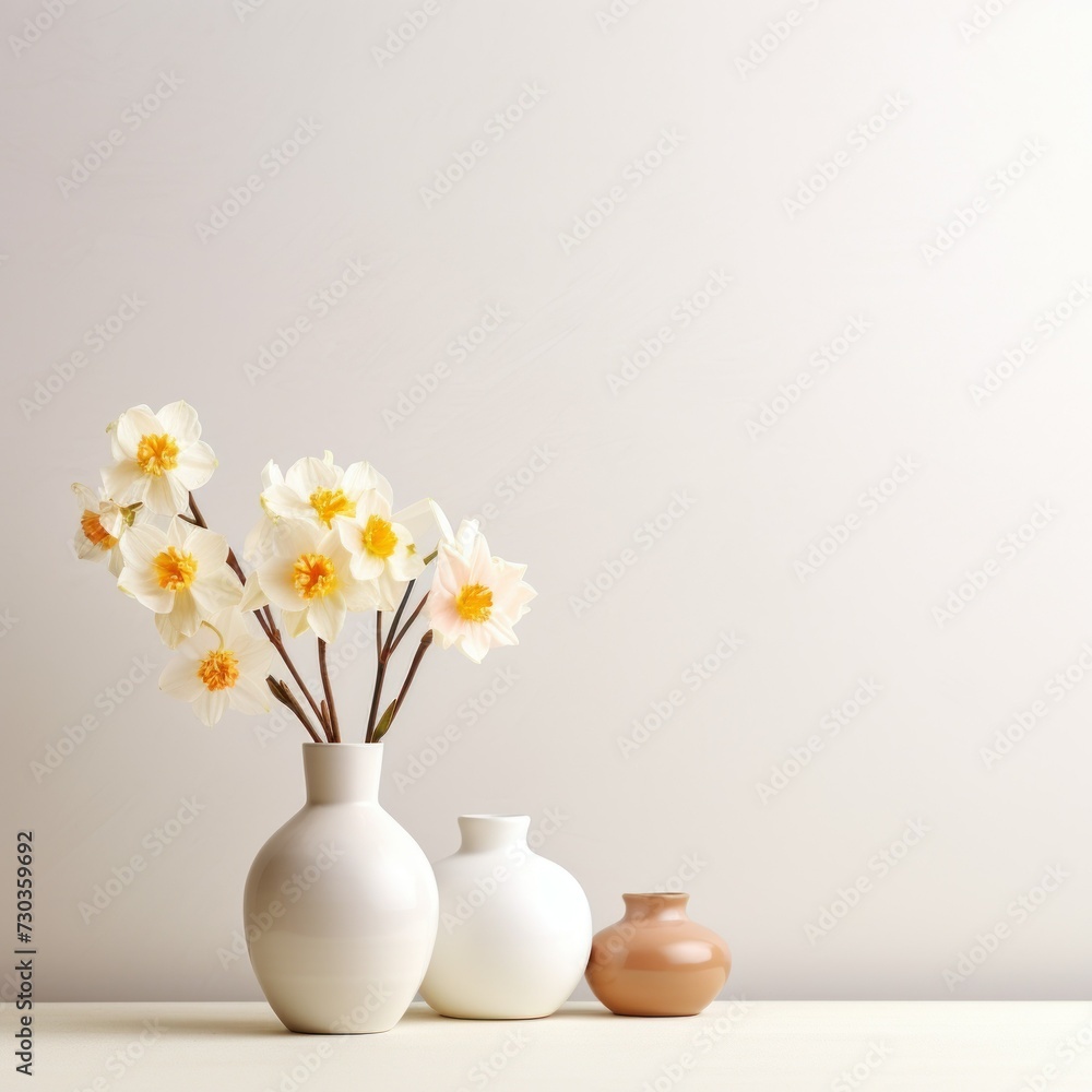 Lush bouquet of white-yellow daffodils in vase Tender minimalistic spring flowers composition. march 8, women's day, mother's day, spring Lush bouquet of white-yellow daffodils in vase Tender minimalistic spring flowers composition. march 8, women's day, mother's day, spring