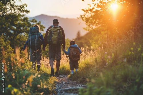 Back view of a family trekking on a mountain trail at sunset, enjoying the outdoor experience together.