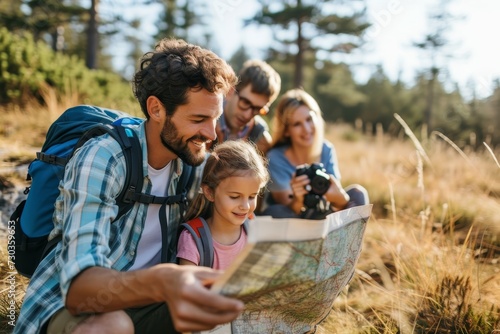 Family of four with backpacks using a map to navigate through a sunny forest trail.