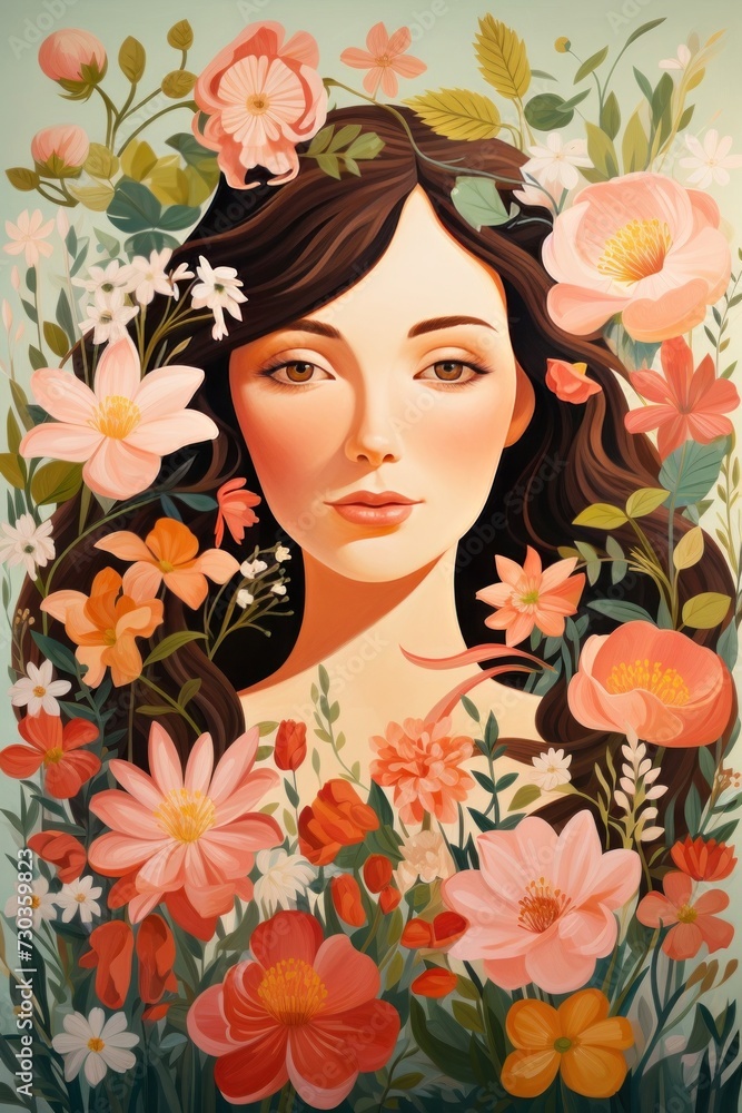 Portrait of young beautiful smiling woman with stylish hair and pink rose peony flowers around her face, Happy women's day. March 8 Portrait of young beautiful smiling woman with stylish hair and pink rose peony flowers around her face, Happy women's day. March 8