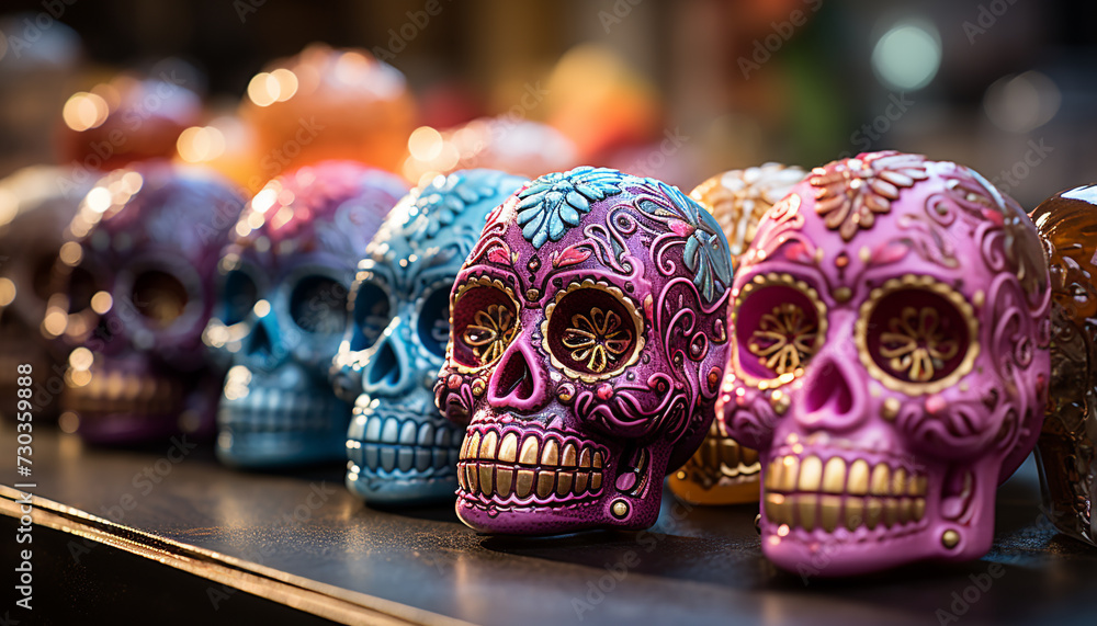 Day of the Dead celebration  spooky decoration, colorful skulls, Mexican culture generated by AI