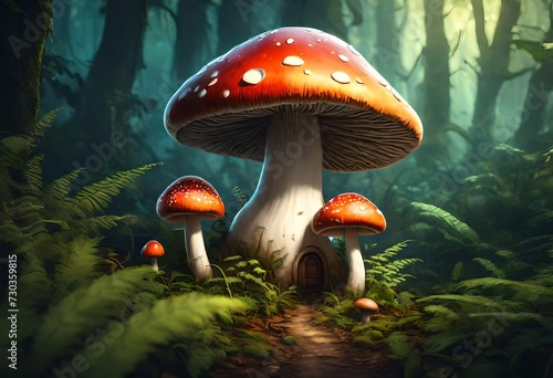 Magical luminous glowing mushroom in a mystical forest in night