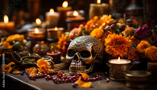 Spooky Halloween decoration  candlelight illuminates dark still life generated by AI
