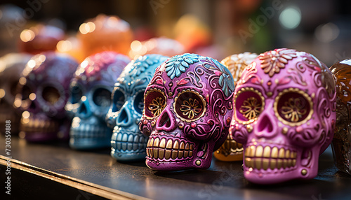 Day of the Dead celebration  spooky decoration, colorful skulls, Mexican culture generated by AI