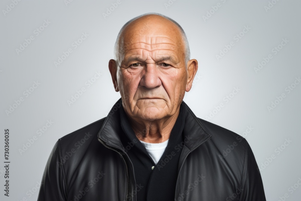 Elderly man wearing a leather jacket. Studio shot against a grey background. Elderly man wearing a leather jacket. Studio shot against a grey background.