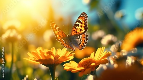 A butterfly flying among flowers, sunset background © Nico