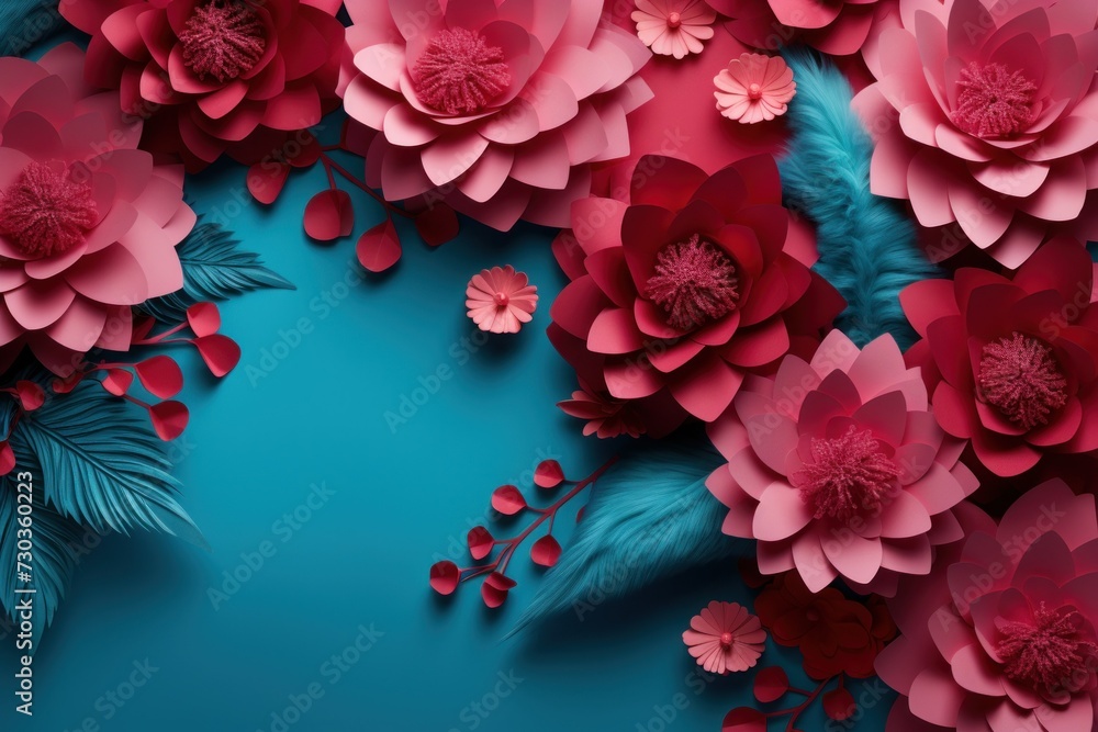 Paper cut floral bouquet, Flower paper craft style. Mother's day. Happy Women's day. Botanical 8 March. Invitation banner. Postcard. Pink and blue colors, Spring summer time Paper cut floral bouquet, Flower paper craft style. Mother's day. Happy Women's day. Botanical 8 March. Invitation banner. Postcard. Pink and blue colors, Spring summer time
