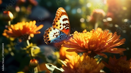 A butterfly flying among flowers, sunset background © Nico