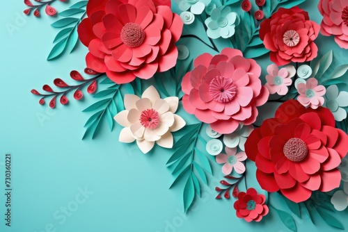 Paper cut floral bouquet, Flower paper craft style. Mother's day. Happy Women's day. Botanical 8 March. Invitation banner. Postcard. Pink and blue colors, Spring summer time © masherdraws