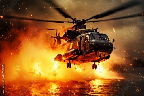 Fierce Military helicopter fire splash. Game aviation. Generate Ai