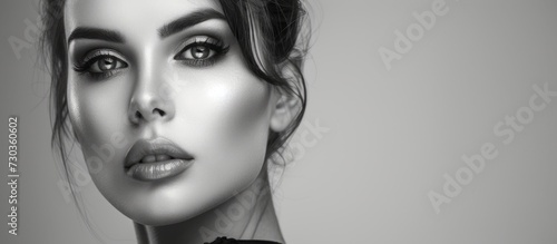 Fashion model woman with healthy skin, evening makeup and black-and-white color scheme.