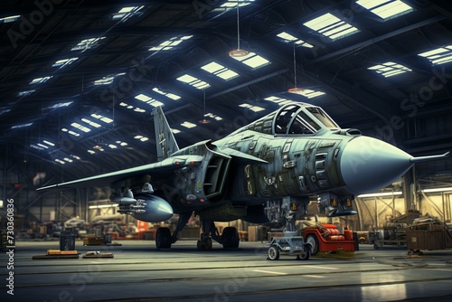 Military jet in hangar. Defense pilot. Generate Ai