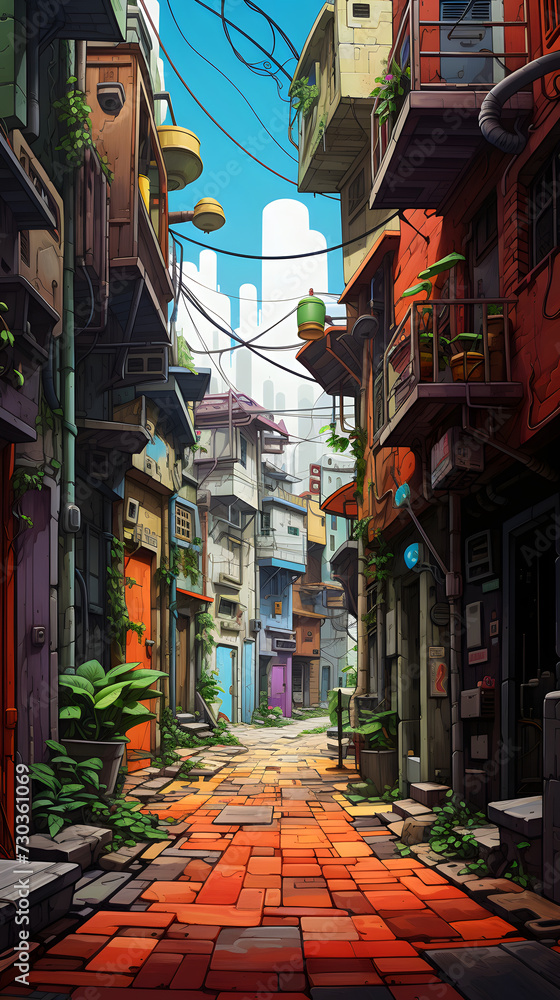 Fototapeta premium Cool illustrated side street, side street, beautiful illustrated street