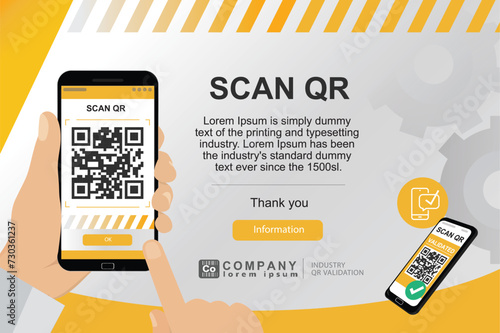 Escanear QR en Industria. Diseño para el sector de la industria y tecnología. Ilustración con espacio para agregar texto y logo de empresa. 