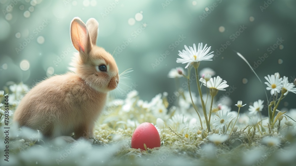 Cute bunny and single easter egg. Concept and idea of happy easter day Cute bunny and single easter egg. Concept and idea of happy easter day