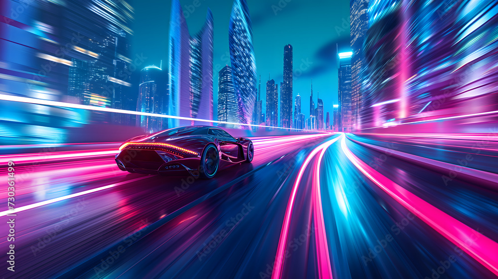 a modern car slicing through the heart of a futuristic city at night, where the urban landscape comes alive with neon lights a modern car slicing through the heart of a futuristic city at night, where the urban landscape comes alive with neon lights