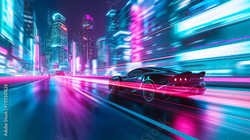 a modern car slicing through the heart of a futuristic city at night, where the urban landscape comes alive with neon lights