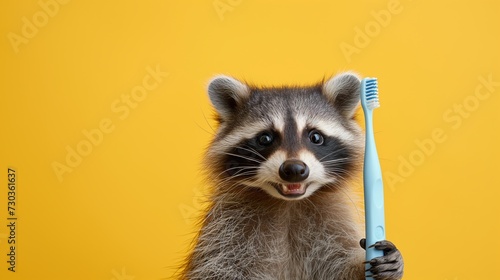 portrait of a raccoon with a toothbrush, smiling. on a plain background © sergiokat