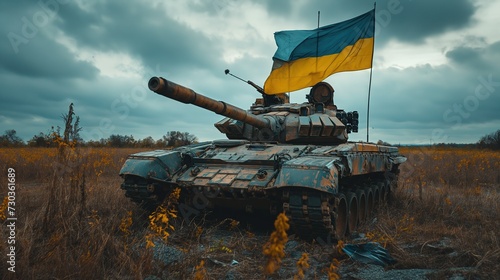 The Ukrainian flag on a battle tank in the field after the end of the battle. green camouflage.