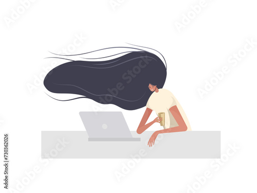 Long haired redhead woman with a laptop holds an online meeting. Virtual video study or education, business conference.