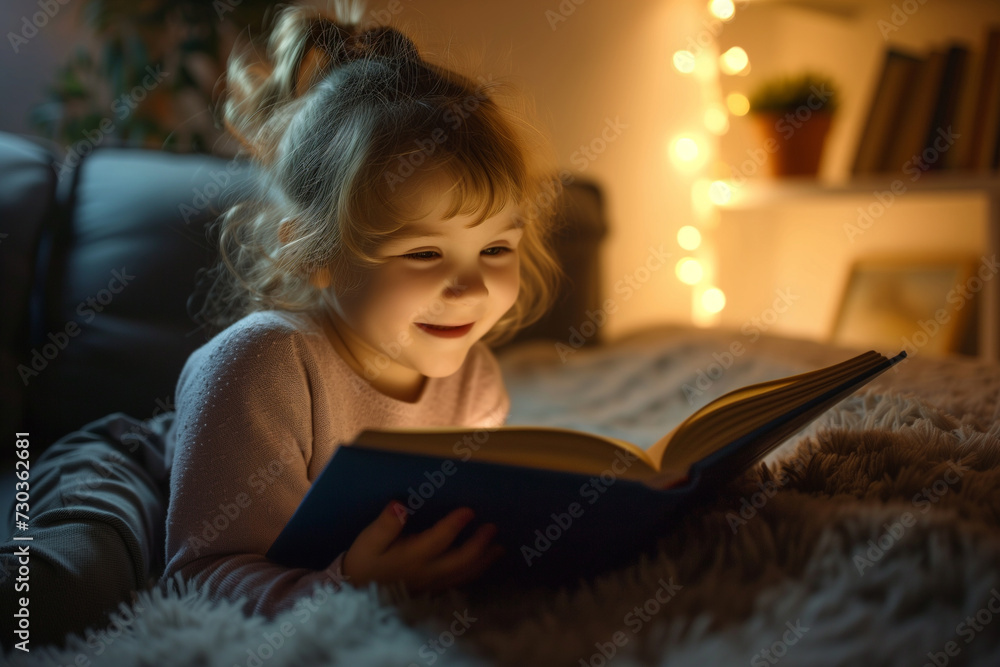 Cute baby girl smiling and reading book in living room at home night lighting. Education learning at home concept Cute baby girl smiling and reading book in living room at home night lighting. Education learning at home concept