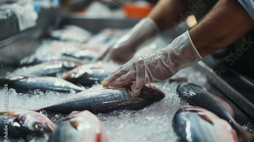 modern manufacture of fish, clean, close up, workers hands, selective focus © sandsun