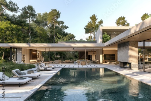 Contemporary house with garden and patio in front of the house. © Nico