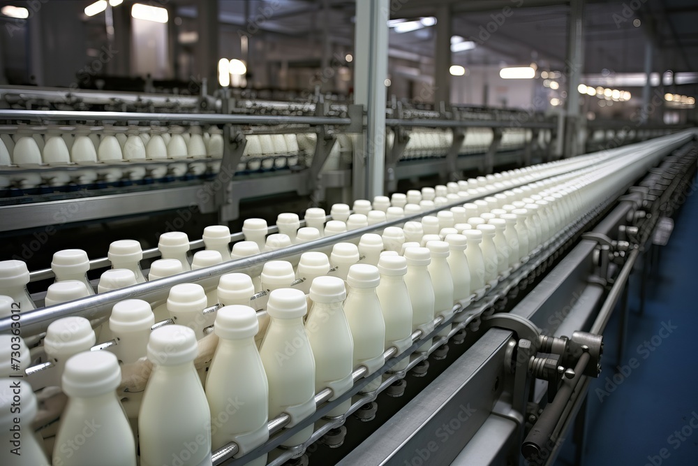 Milk bottle conveyor. Factory line. Generate Ai