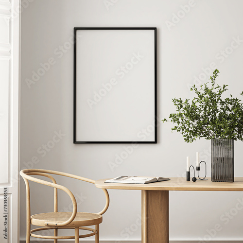 Fototapeta Naklejka Na Ścianę i Meble -  Frame mockup, ISO A paper size. Living room wall poster mockup. Interior mockup with house background. Modern interior design. 3D render
