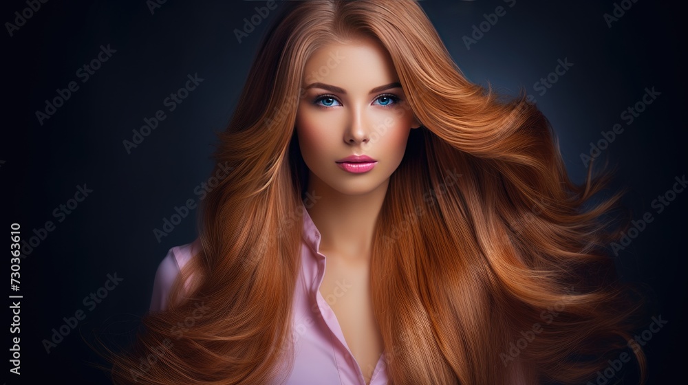 Beautiful female face with powerful silky hair and chic hairstyle done in a beauty salon. Perfect image of a beautiful red-haired woman with developing hair. Illustration for beauty magazine. Beautiful female face with powerful silky hair and chic hairstyle done in a beauty salon. Perfect image of a beautiful red-haired woman with developing hair. Illustration for beauty magazine.