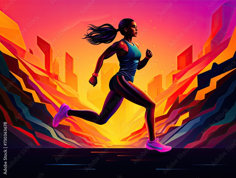 Running female athlete in sportswear. Energetic young woman. Marathon runner. Sport. Acrylic painting background made with paint strokes. Illustration for cover, card, interior design, brochure, etc. Running female athlete in sportswear. Energetic young woman. Marathon runner. Sport. Acrylic painting background made with paint strokes. Illustration for cover, card, interior design, brochure, etc.