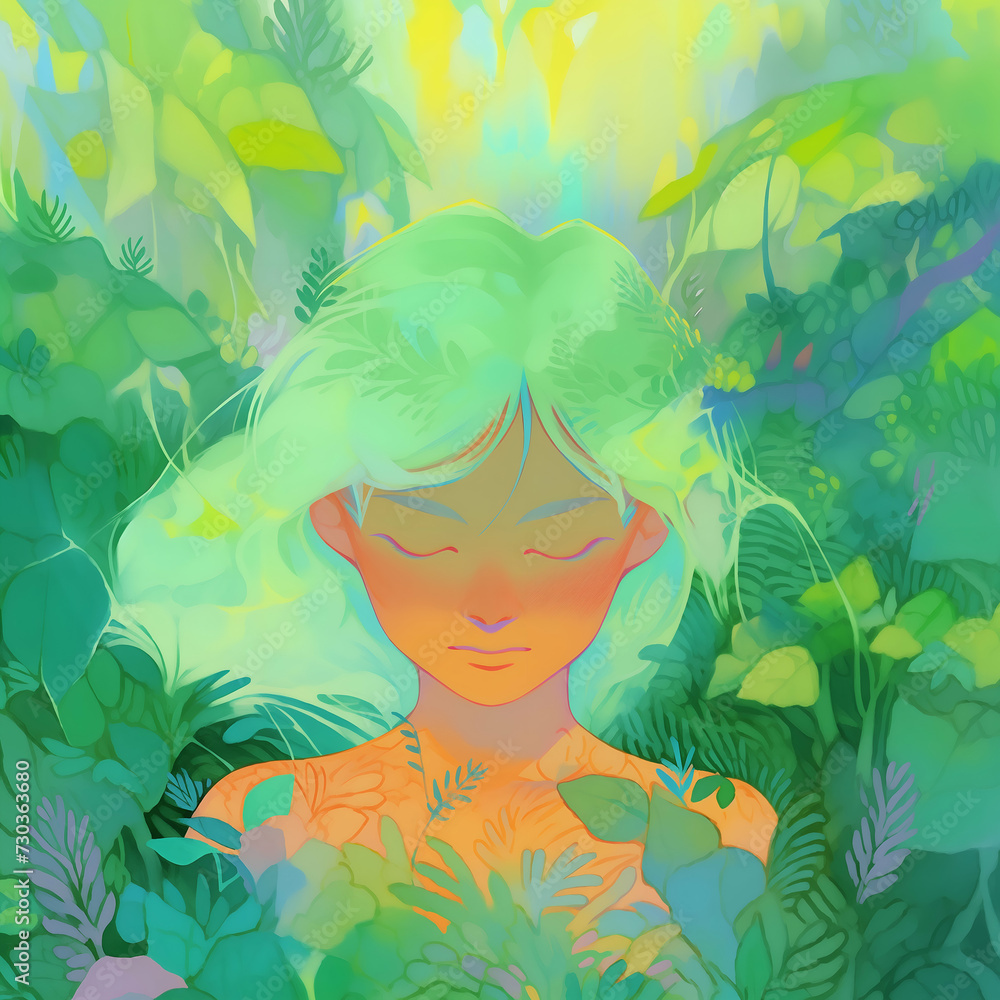 A young girl with green hair blends into a vibrant, lush forest, eyes closed in tranquility A young girl with green hair blends into a vibrant, lush forest, eyes closed in tranquility