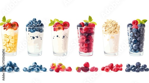 Nutrition-focused overnight oats recipe visualization, highlighting the benefits of each layer, including oats, flaxseeds, berries, and almond milk