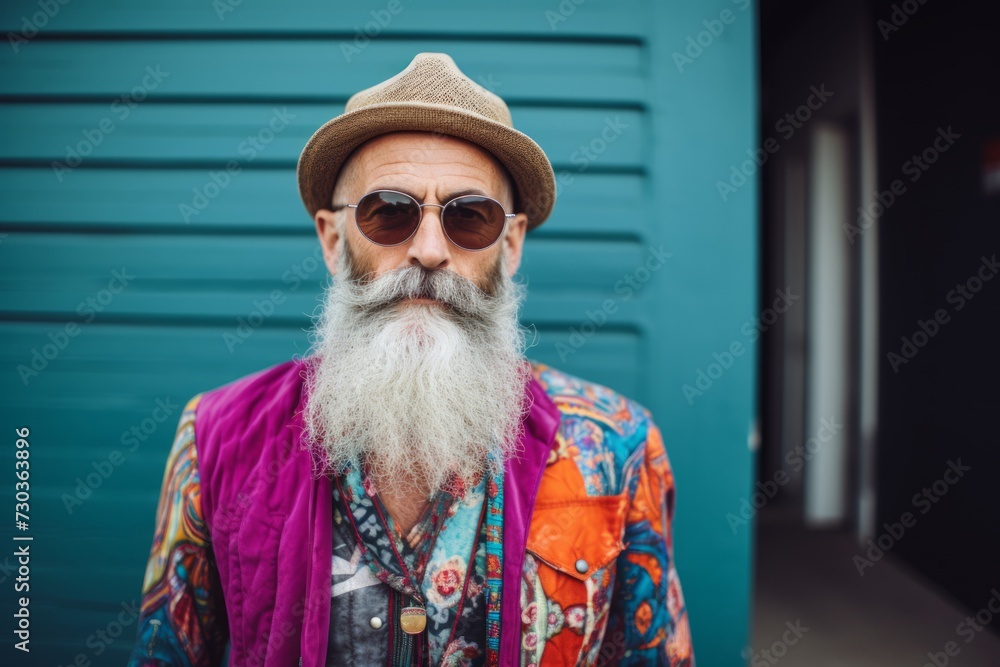 Portrait of senior hipster man with long white beard and mustache wearing stylish clothes and hat outdoors