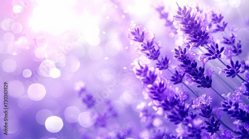 Lavender flower field background. Glade with purple flowers and green grass. Illustration for banner, poster, cover or presentation.