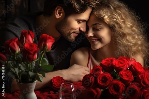Happy couple with red roses and kiss for surprise, anniversary, or valentines day at home