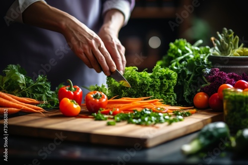 Healthy kitchen prep. hand knife, fresh vegetables for nutritious recipes and organic vegan diet