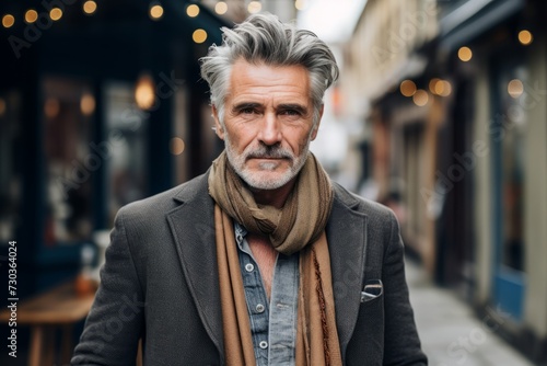 Portrait of a handsome mature man with gray hair, wearing a scarf and coat, standing in a city street.