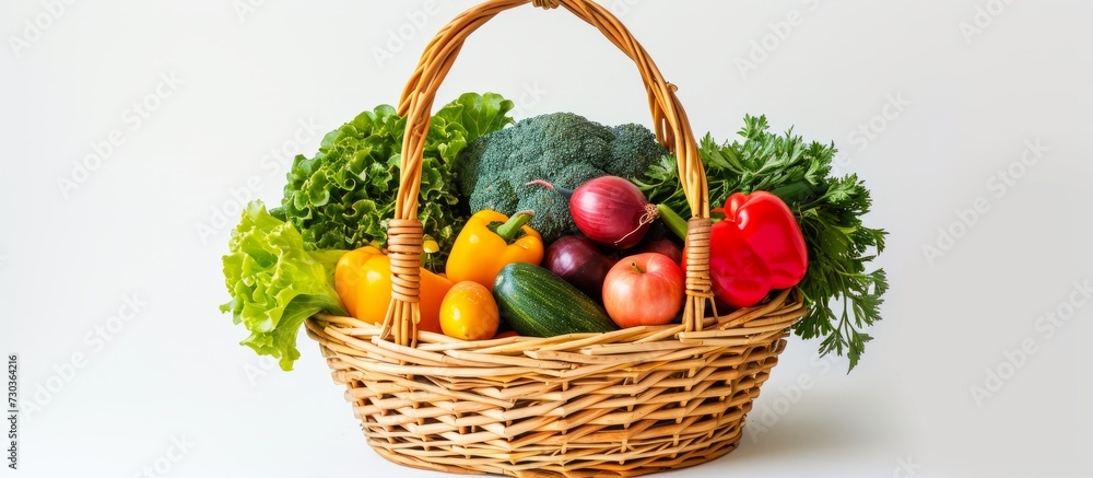 Fresh produce in a wicker basket on a white background Fresh produce in a wicker basket on a white background