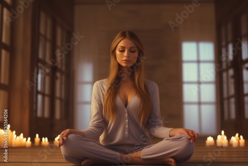 Home meditation. healthy woman practicing breathing exercises and pranayama techniques for mindfulness
