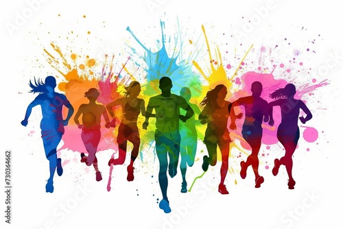 silhouette of a group of runners running together with splash of colors 