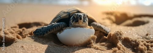 Sea turtles are hatching from eggs on the beach. photo