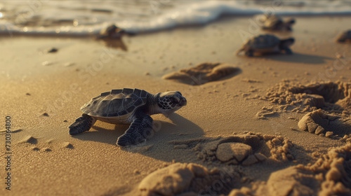 Baby turtles are walking on the beach.