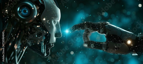 Artificial Intelligence android hand touching an artificial robot face, in the style of light cyan and silver, internet network, artificial environments. generative AI