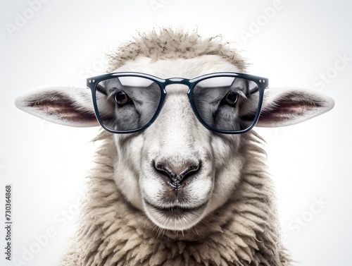 Stylish sheep posing in sunglasses. Close portrait of lamb in fashion style. Illustration for cover, card, postcard, interior design, banner, poster, brochure or presentation.